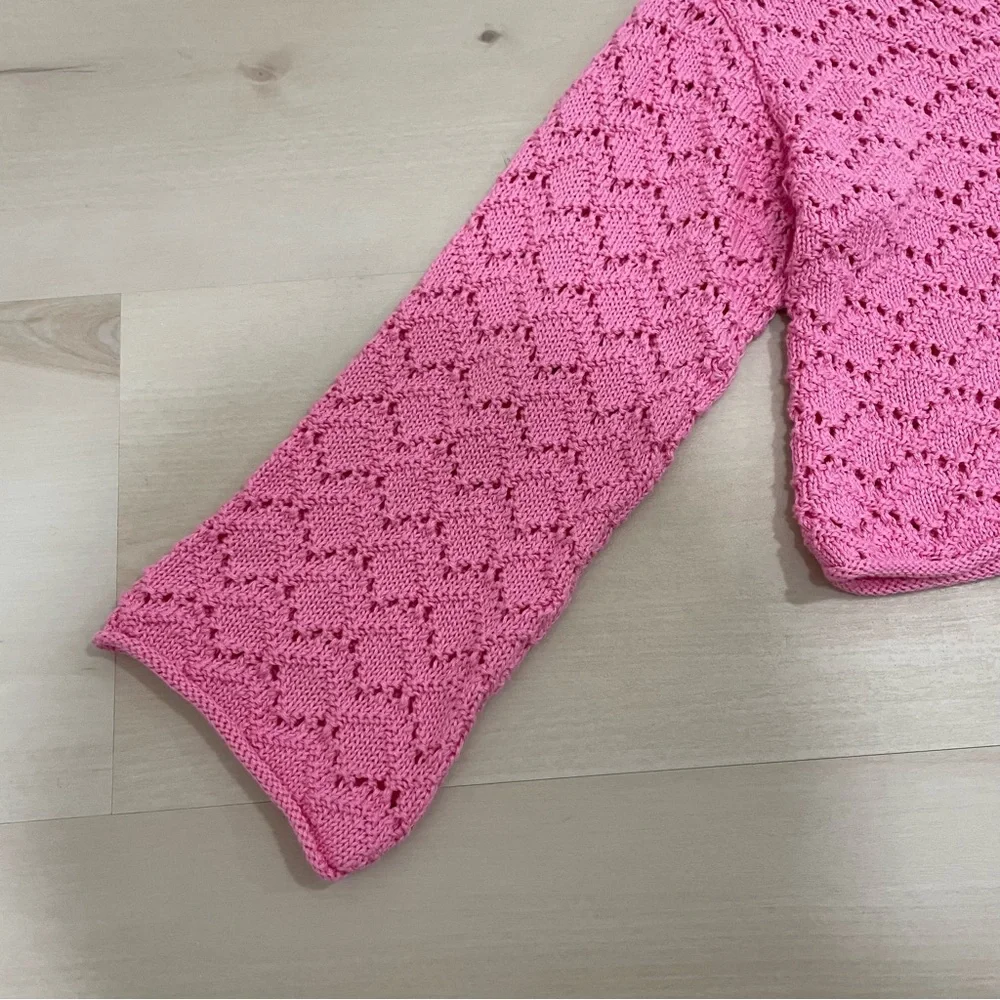 NWT Zara Girl's 5-6 Open Knit Cardigan Sweater Pink Button Down V Neck - Picture 4 of 11